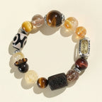 Tiger Eye & Black Gold Super Seven with Three-Eyed Dzi Golden Wealth Beast Bracelet