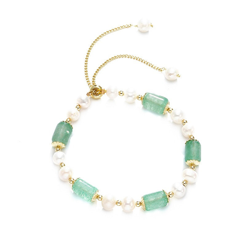 Natural Green Strawberry Quartz & Pearl Adjustable Slide Bracelet