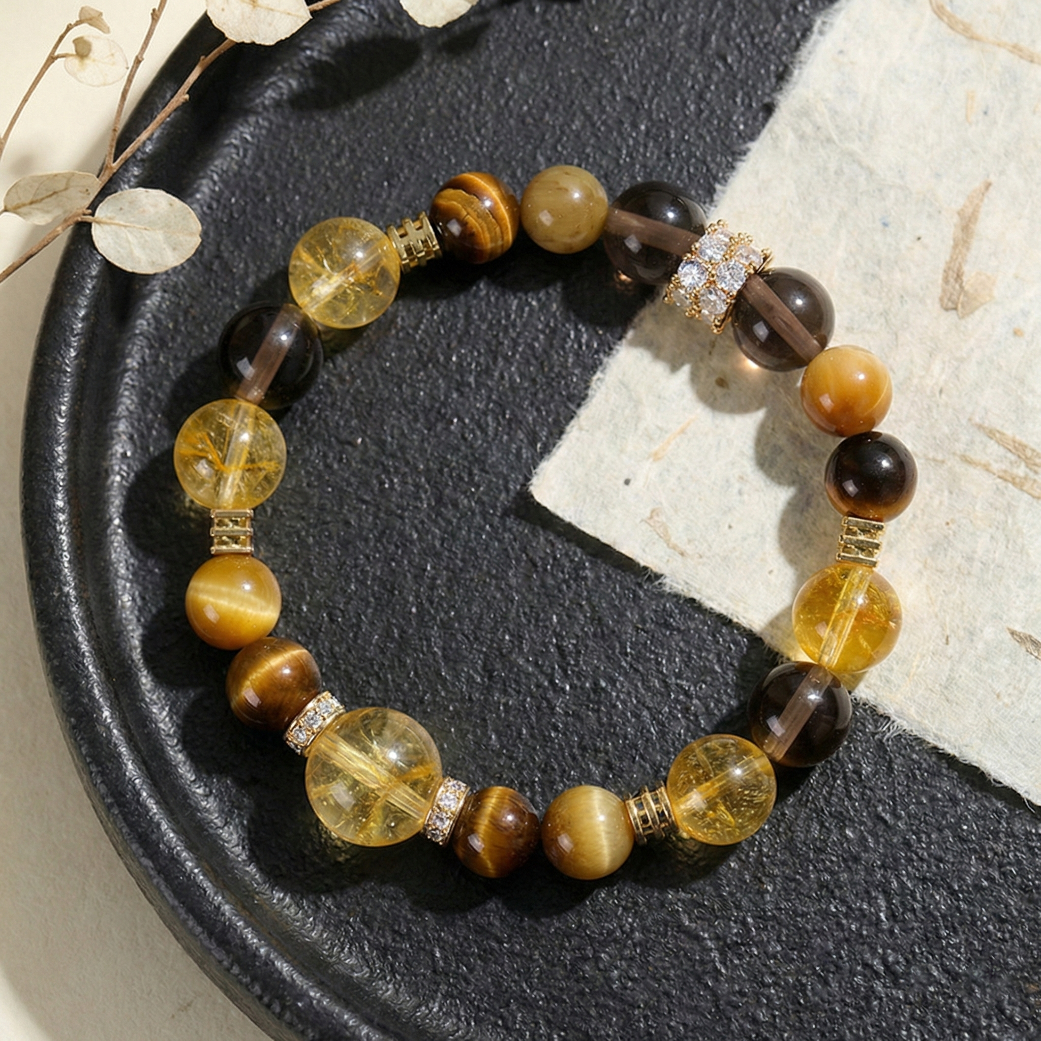 Yellow Tower Crystal Smoky Quartz Tiger Eye Luck Protection Purpose Beaded Bracelet