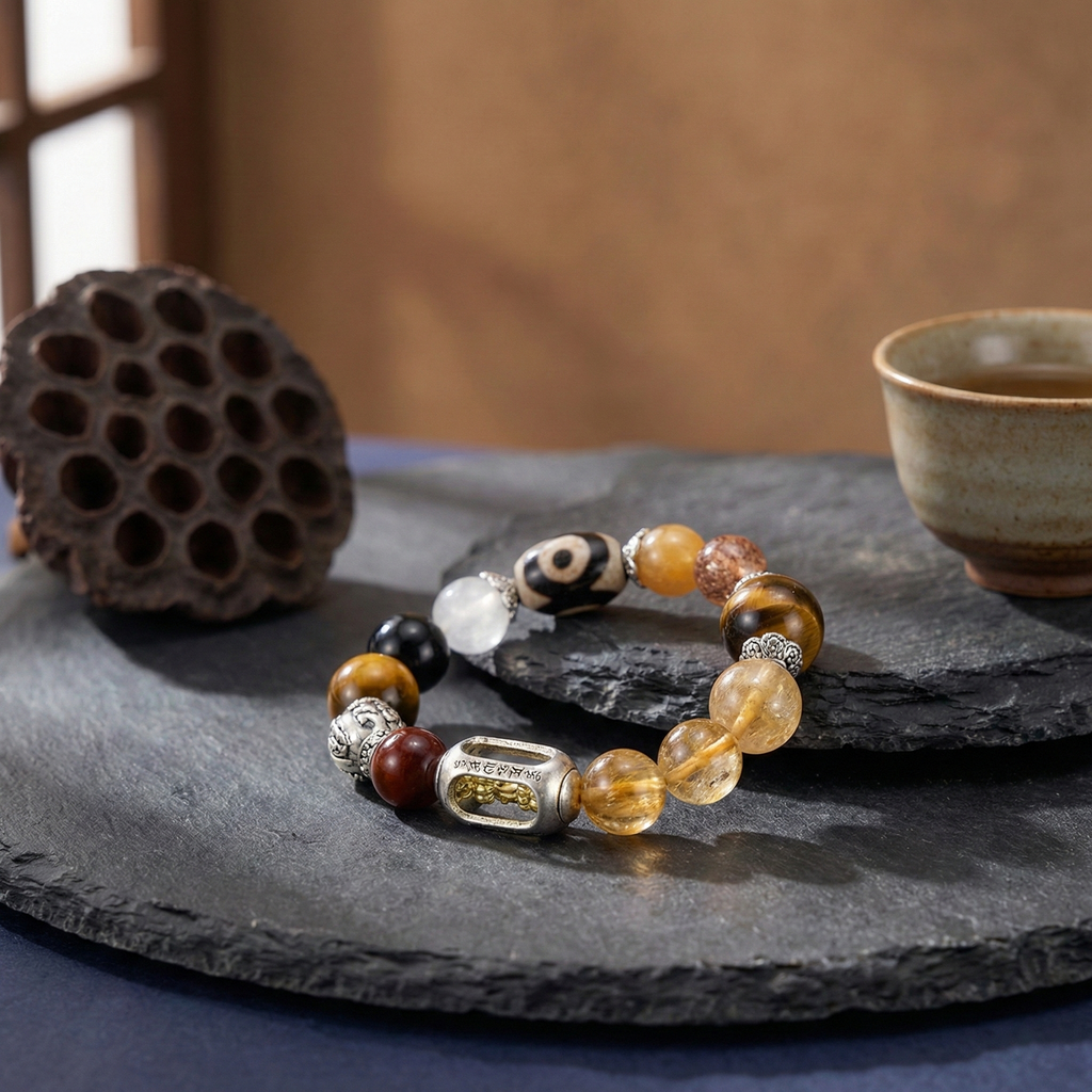 Tiger’s Eye + Golden Rutilated Quartz — Protection & Wealth Dzi Pixiu Vajra Bracelet