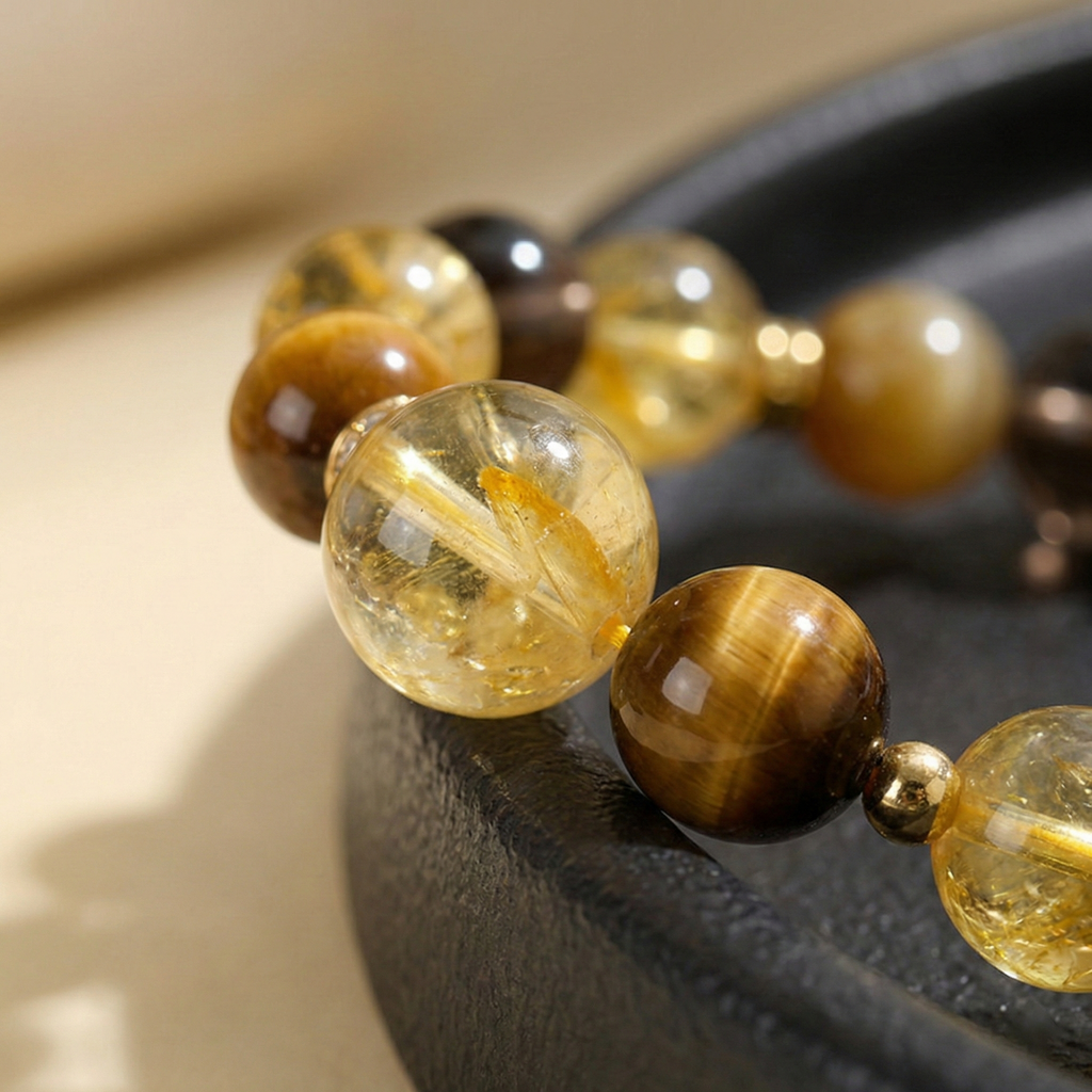 Yellow Tower Crystal Smoky Quartz Tiger Eye Luck Protection Purpose Beaded Bracelet