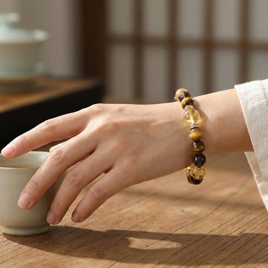 Yellow Tower Crystal Smoky Quartz Tiger Eye Luck Protection Purpose Beaded Bracelet