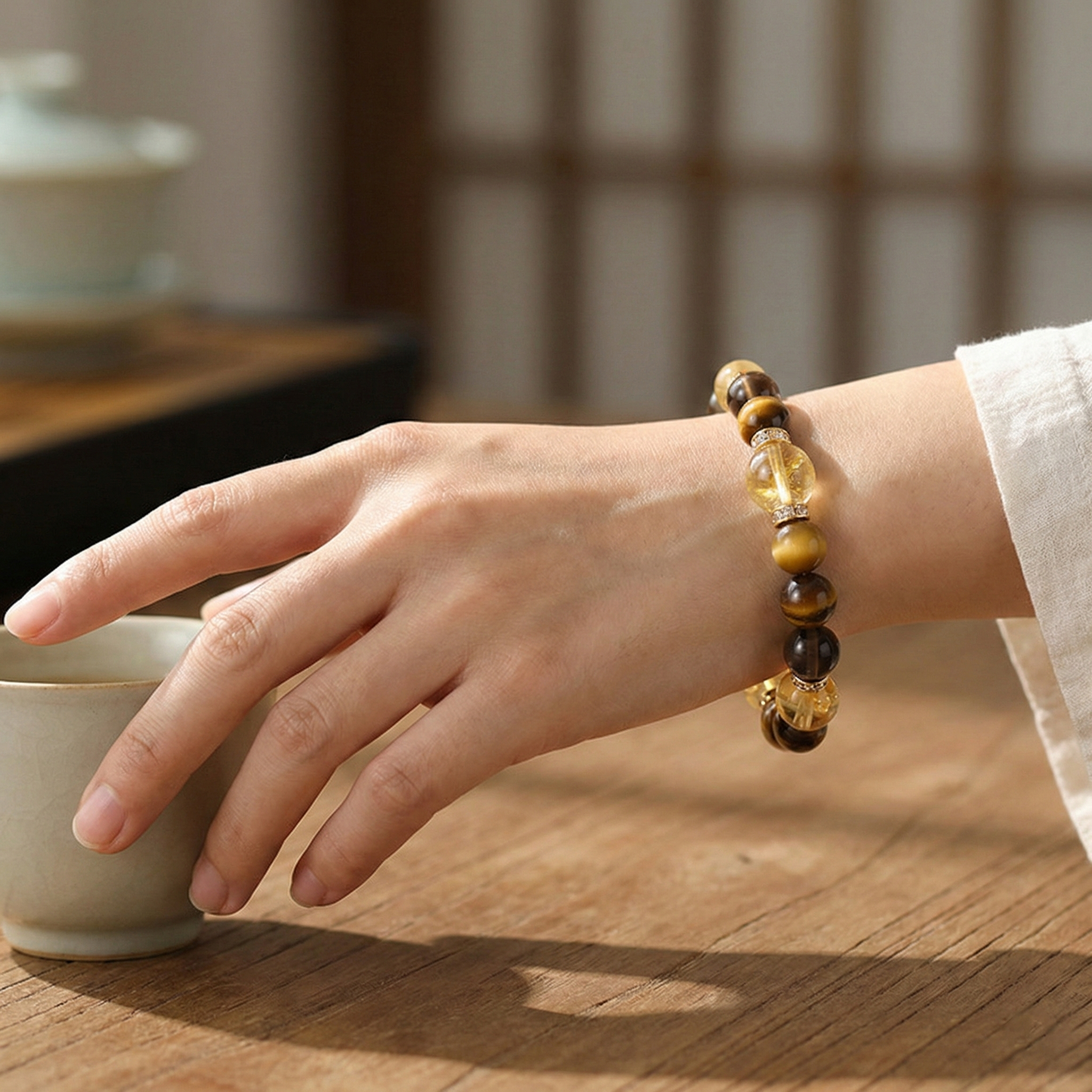 Yellow Tower Crystal Smoky Quartz Tiger Eye Luck Protection Purpose Beaded Bracelet