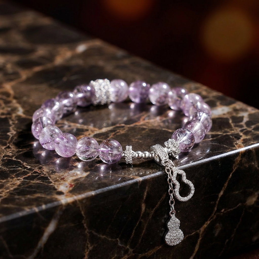Bolivian Amethyst Fu-Lu Gourd Luck Blessings Protection Beaded Bracelet