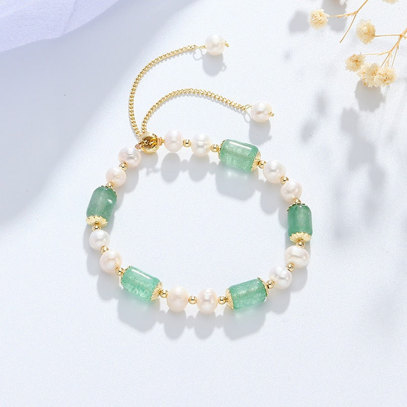 Natural Green Strawberry Quartz & Pearl Adjustable Slide Bracelet