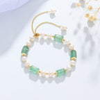 Natural Green Strawberry Quartz & Pearl Adjustable Slide Bracelet