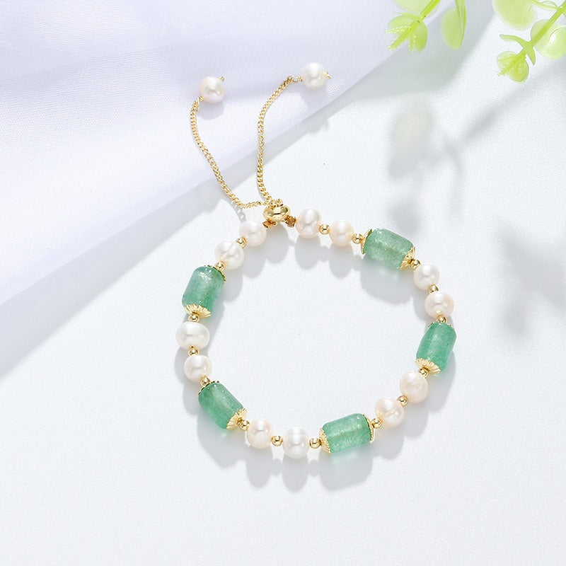 Natural Green Strawberry Quartz & Pearl Adjustable Slide Bracelet