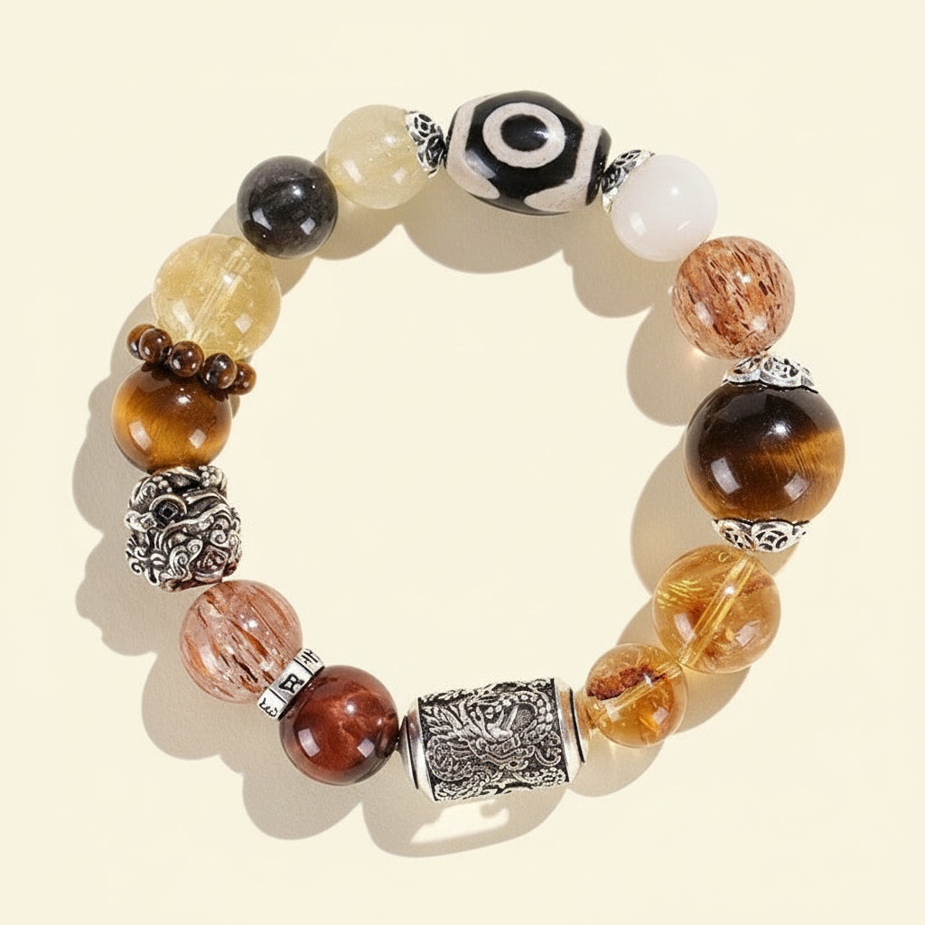 Tiger Eye & Black Gold Super Seven with Three-Eyed Dzi Golden Wealth Beast Bracelet