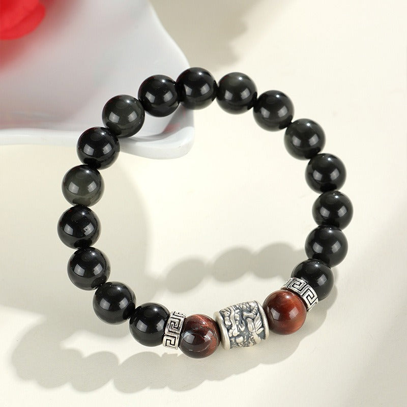 Silver Prayer Wheel Bracelet with Obsidian & Tiger Eye (Men’s)