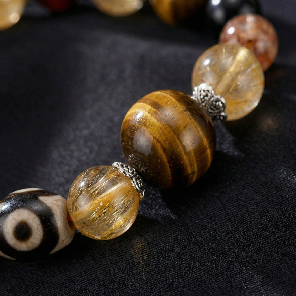 Tiger’s Eye + Golden Rutilated Quartz — Protection & Wealth Dzi Pixiu Vajra Bracelet