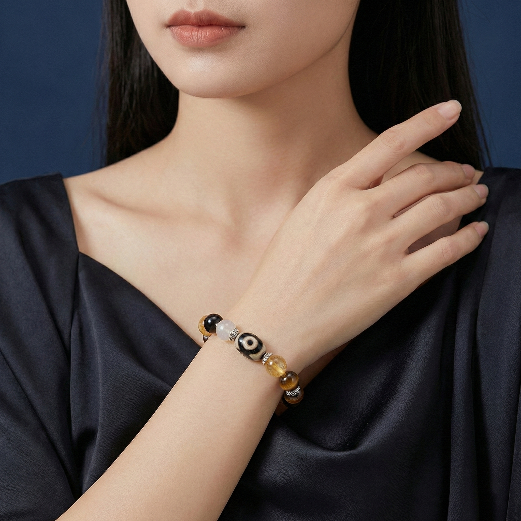 Tiger’s Eye + Golden Rutilated Quartz — Protection & Wealth Dzi Pixiu Vajra Bracelet