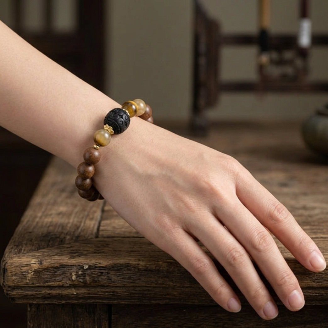 Clear Path Herbal Incense Bead Yellow Phantom Quartz Luck Protection Hui Pattern Bracelet