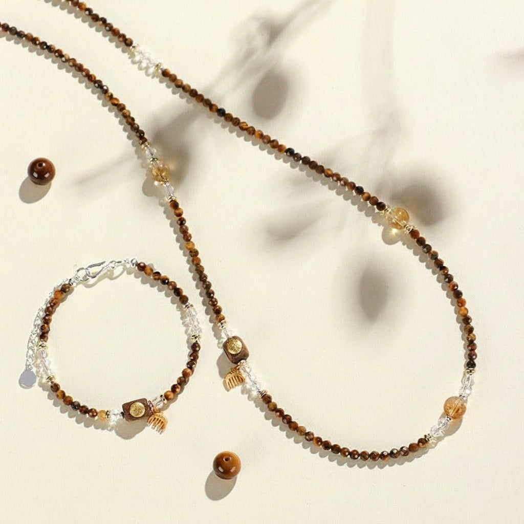 Tiger Eye, Agarwood & Yellow Topaz Vintage Art-Inspired Necklace