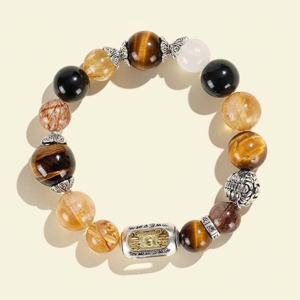 Tiger Eye & Black Gold Super Seven with Three-Eyed Dzi Golden Wealth Beast Bracelet