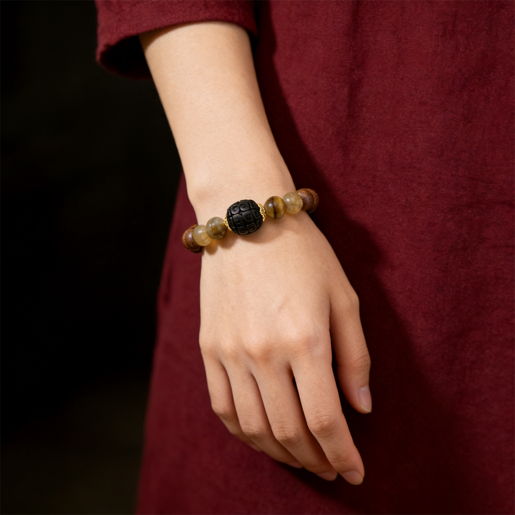 Clear Path Herbal Incense Bead Yellow Phantom Quartz Luck Protection Hui Pattern Bracelet