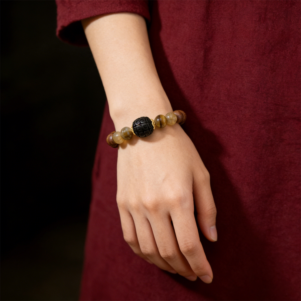 Clear Path Herbal Incense Bead Yellow Phantom Quartz Luck Protection Hui Pattern Bracelet