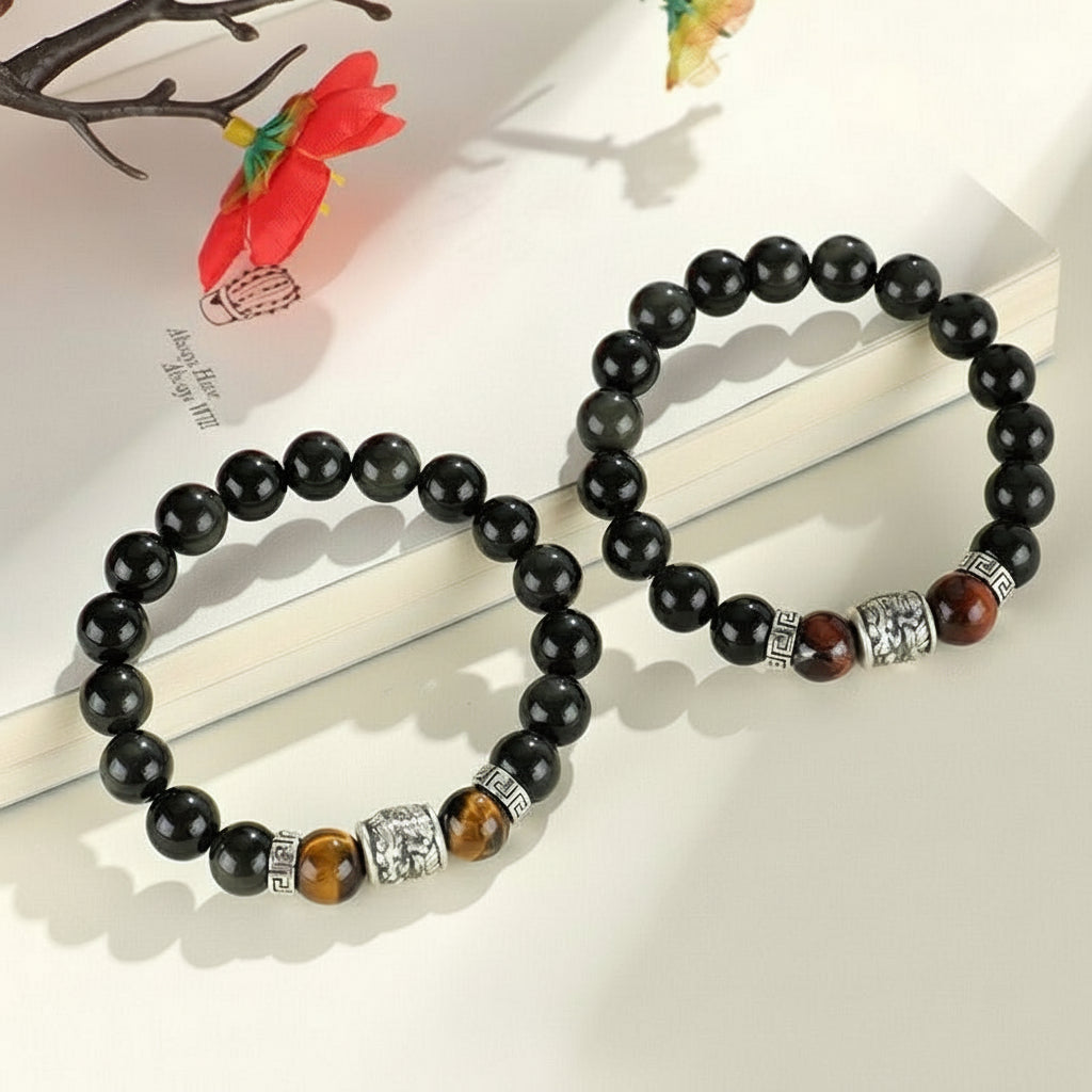 Silver Prayer Wheel Bracelet with Obsidian & Tiger Eye (Men’s)