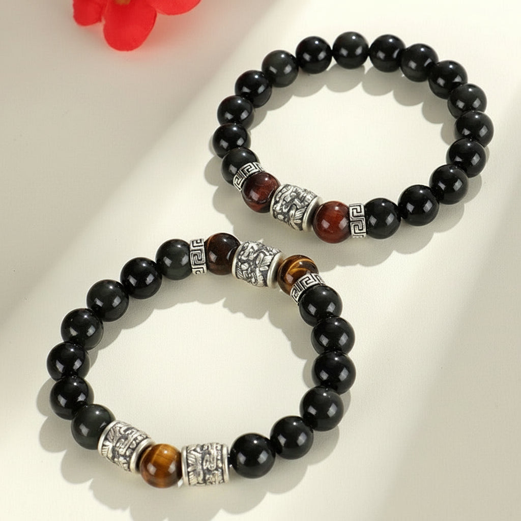 Silver Prayer Wheel Bracelet with Obsidian & Tiger Eye (Men’s)