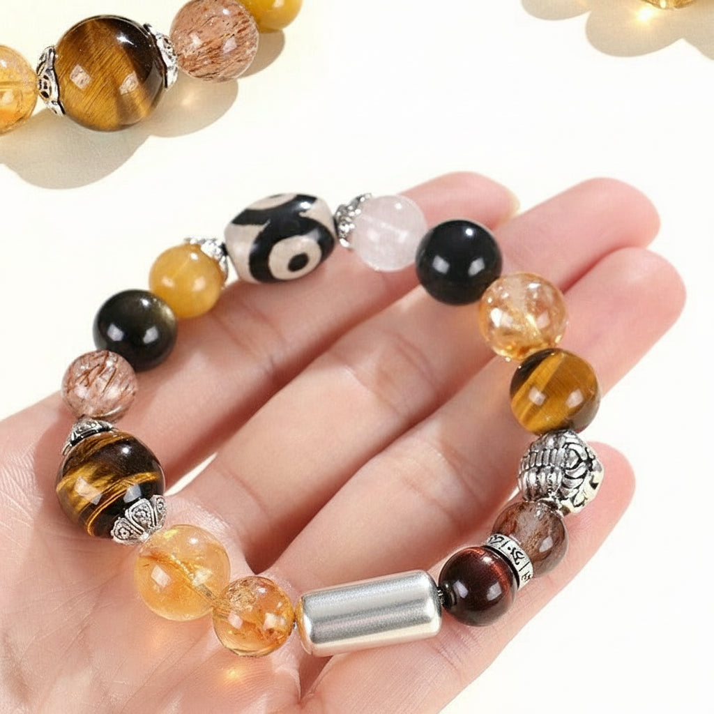 Tiger Eye & Black Gold Super Seven with Three-Eyed Dzi Golden Wealth Beast Bracelet
