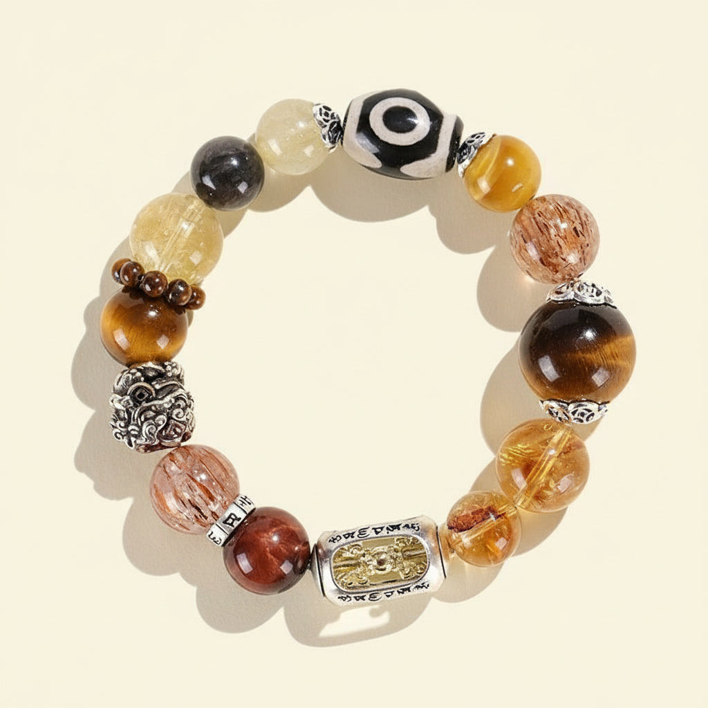 Tiger Eye & Black Gold Super Seven with Three-Eyed Dzi Golden Wealth Beast Bracelet
