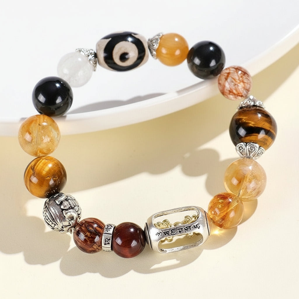 Tiger Eye & Black Gold Super Seven with Three-Eyed Dzi Golden Wealth Beast Bracelet