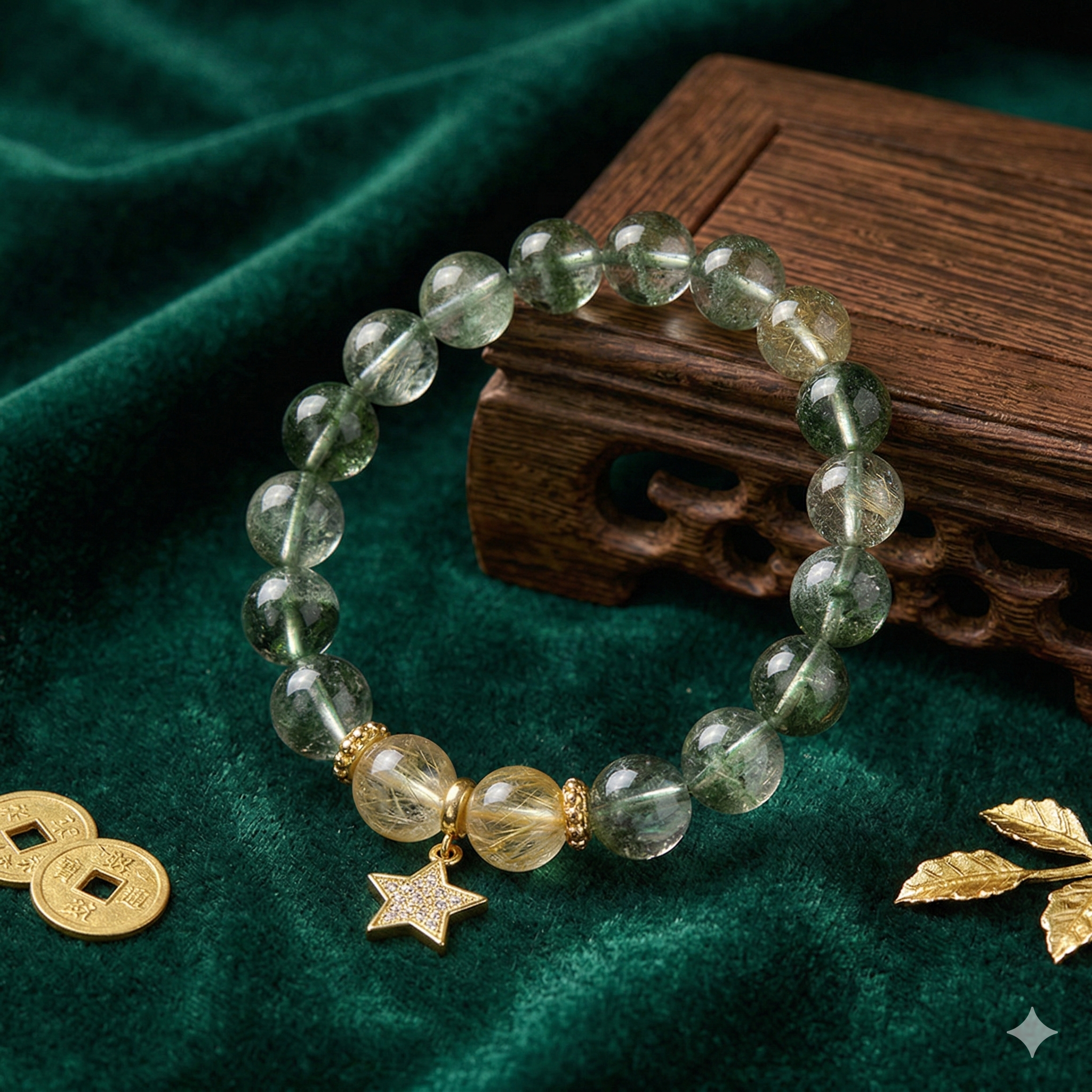 Green Phantom Quartz Golden Rutilated Quartz Career Growth Confidence Momentum Bracelet