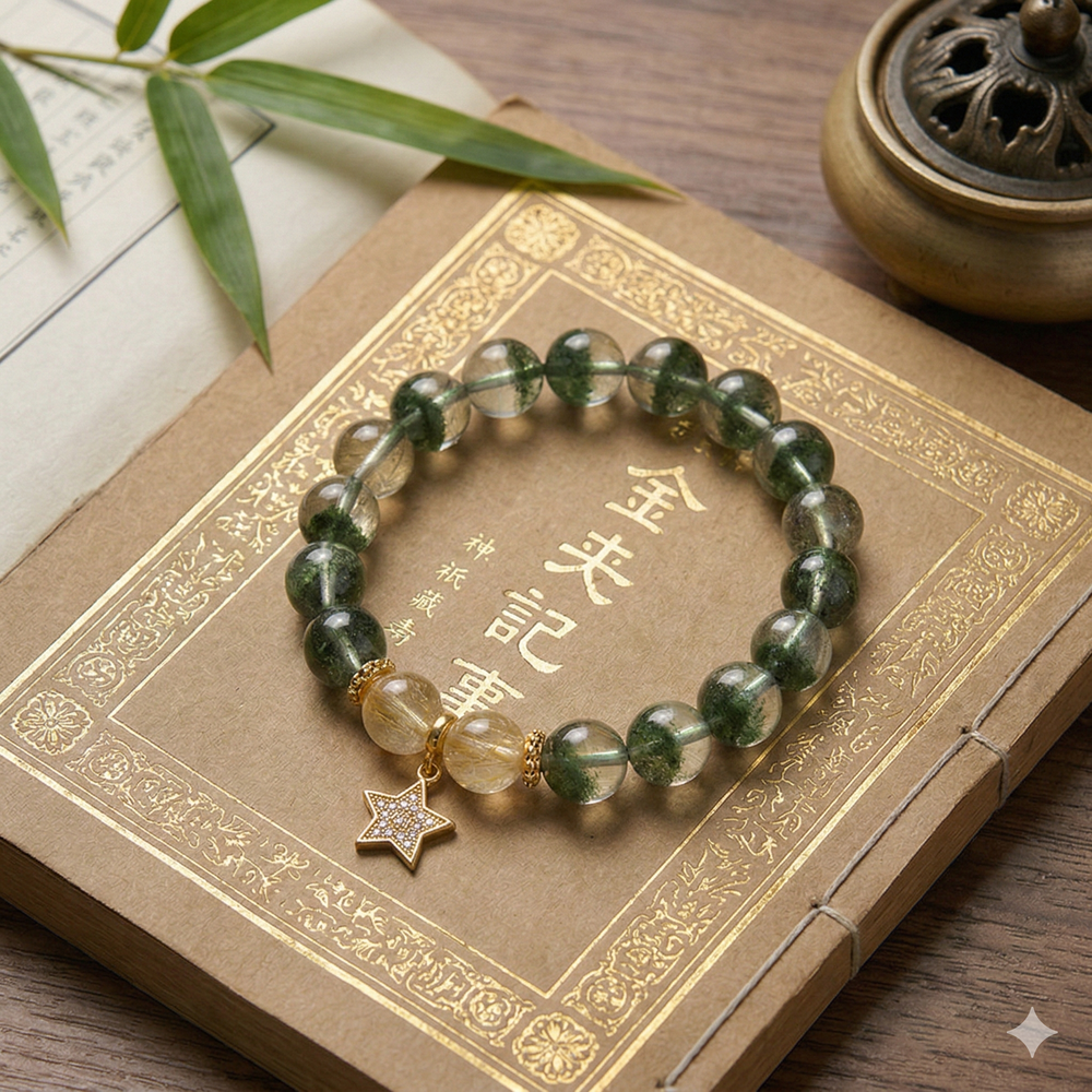 Green Phantom Quartz Golden Rutilated Quartz Career Growth Confidence Momentum Bracelet