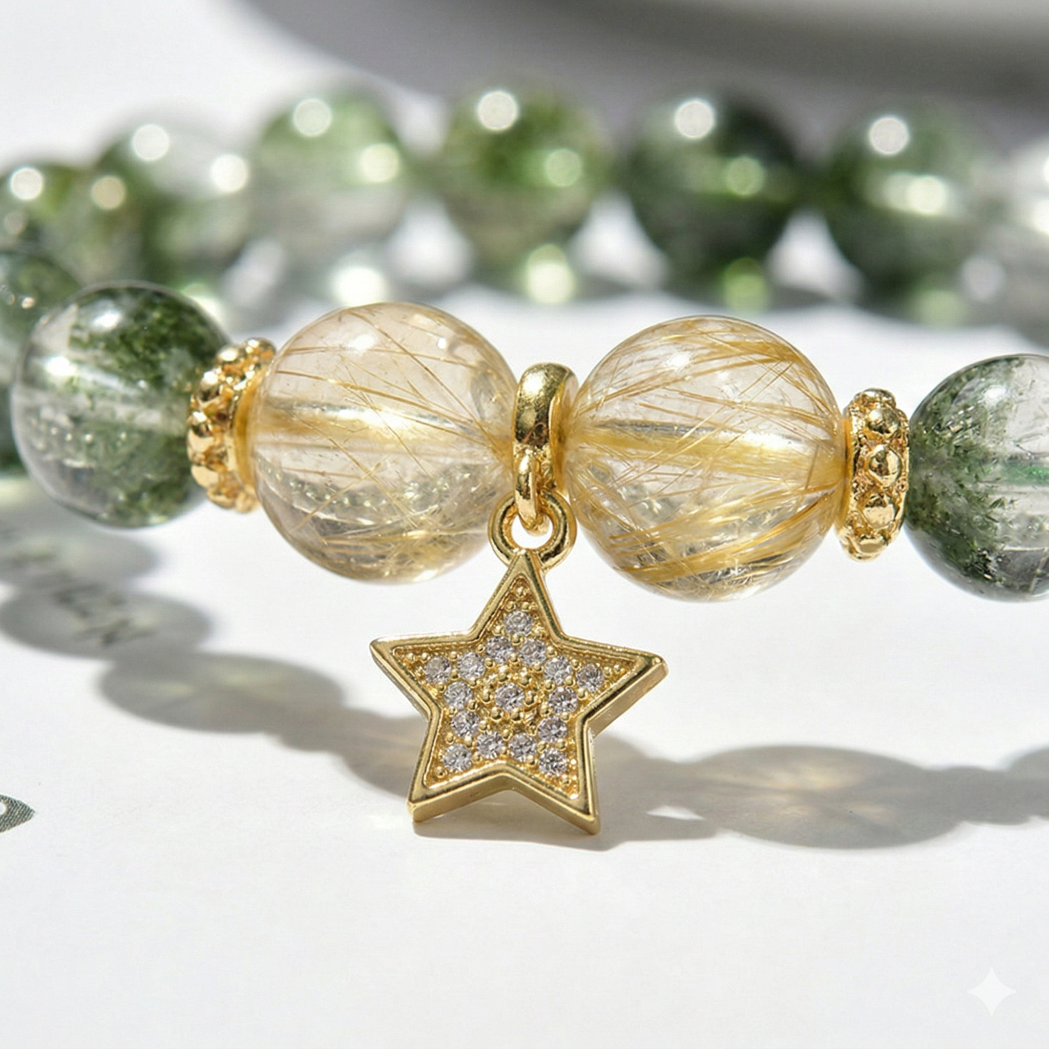 Green Phantom Quartz Golden Rutilated Quartz Career Growth Confidence Momentum Bracelet