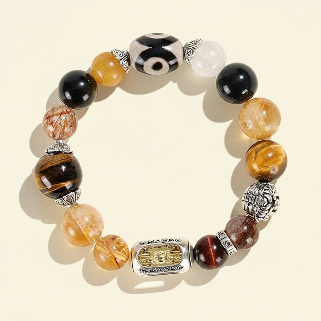 Tiger Eye & Black Gold Super Seven with Three-Eyed Dzi Golden Wealth Beast Bracelet