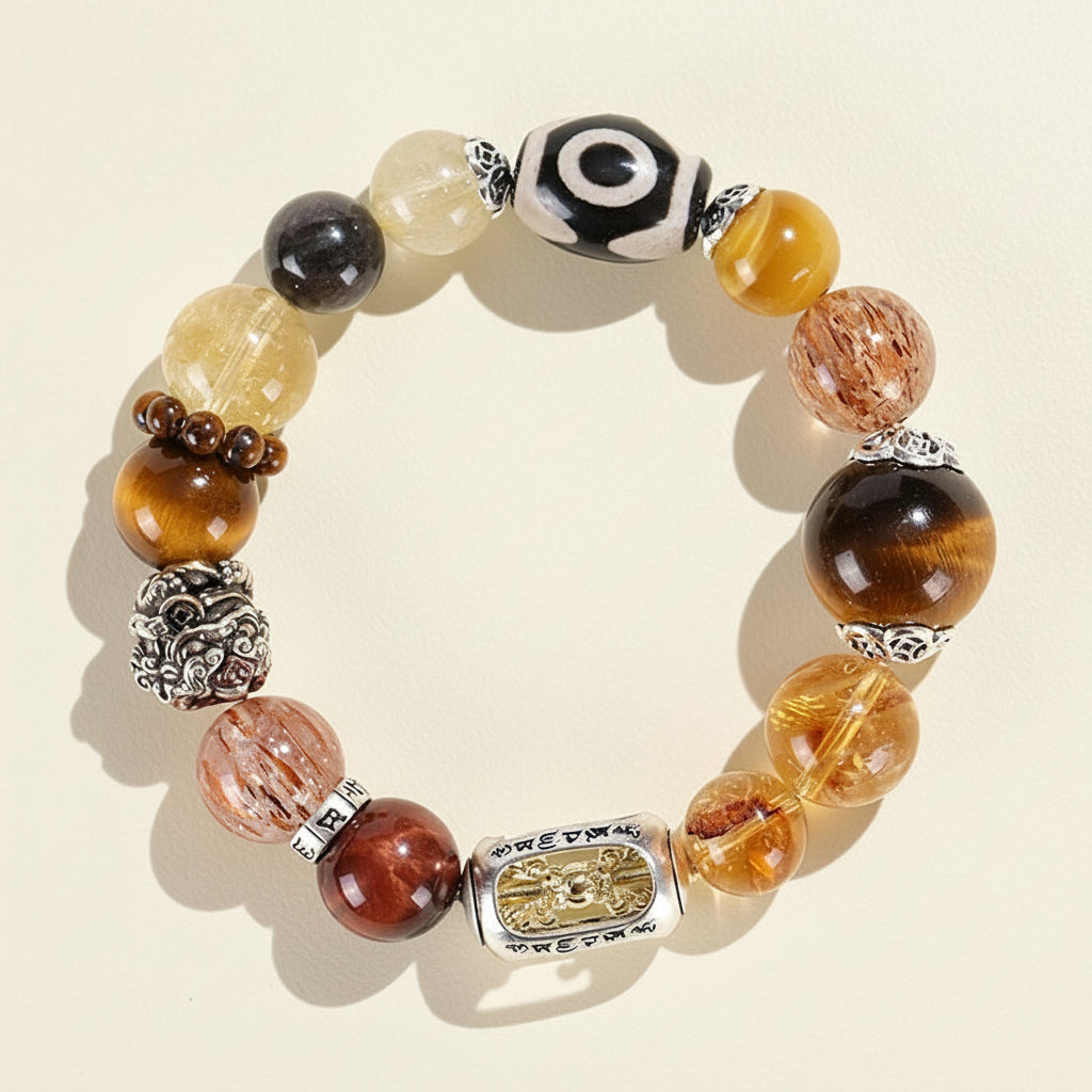 Tiger Eye & Black Gold Super Seven with Three-Eyed Dzi Golden Wealth Beast Bracelet