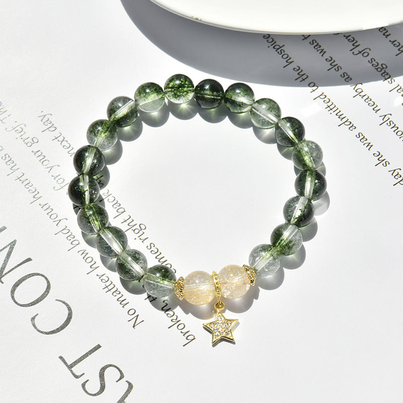 White Crackle Quartz, Green Phantom & Golden Rutilated Quartz “Emerald Forest” Star Bracelet