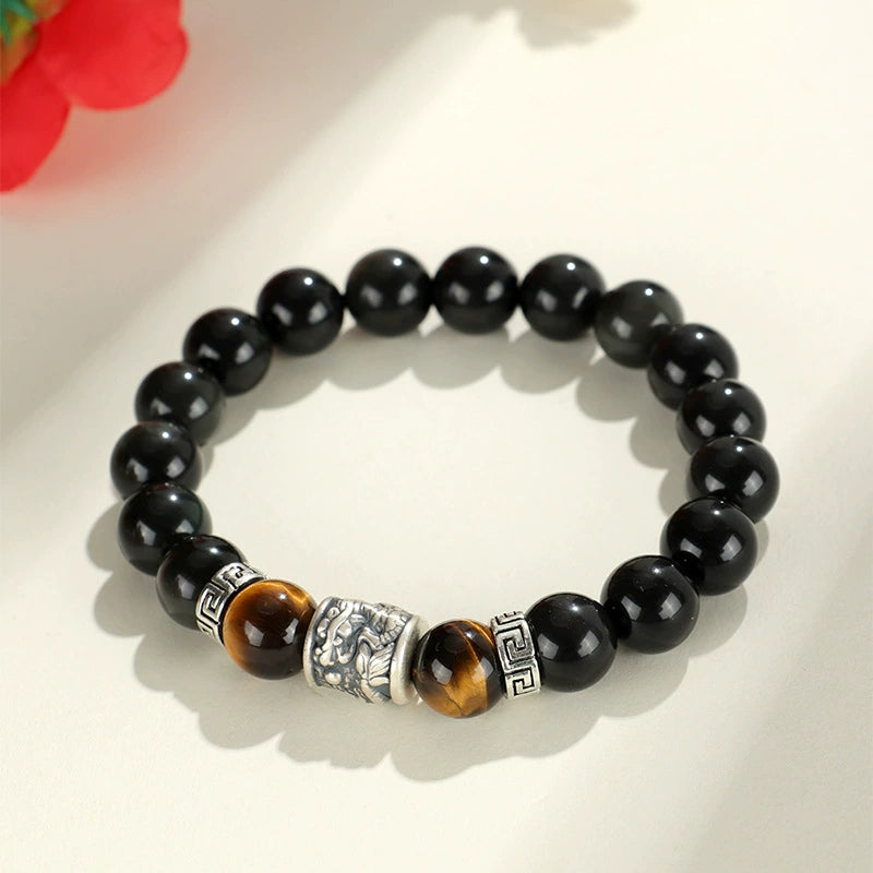 Silver Prayer Wheel Bracelet with Obsidian & Tiger Eye (Men’s)
