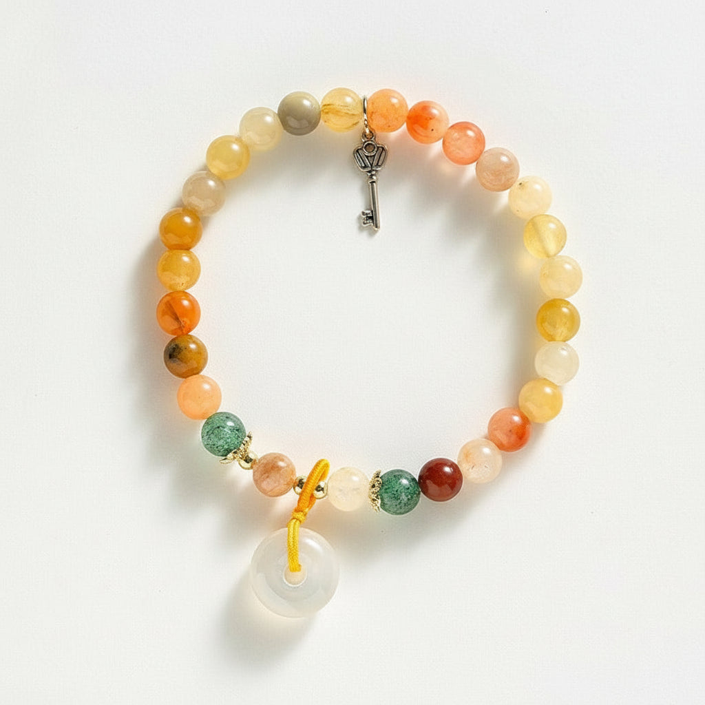 Golden Silk Jade & Strawberry Quartz Peace Amulet Bracelet