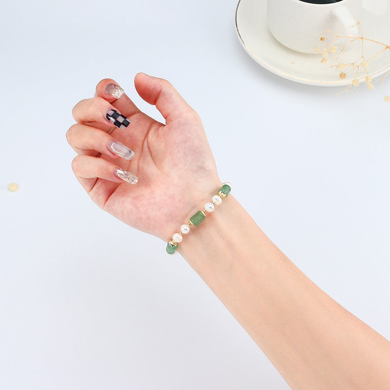 Natural Green Strawberry Quartz & Pearl Adjustable Slide Bracelet