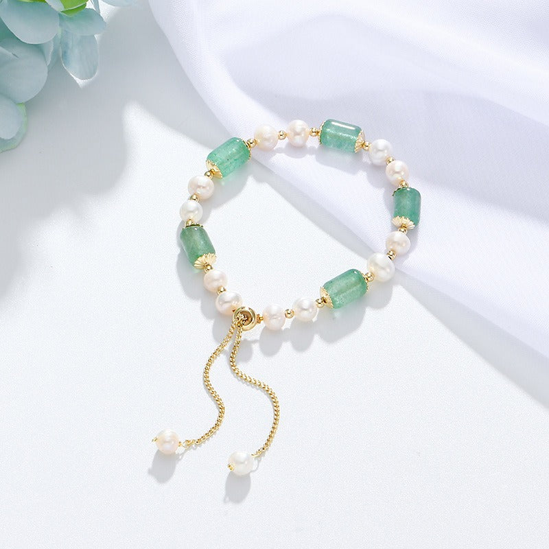 Natural Green Strawberry Quartz & Pearl Adjustable Slide Bracelet