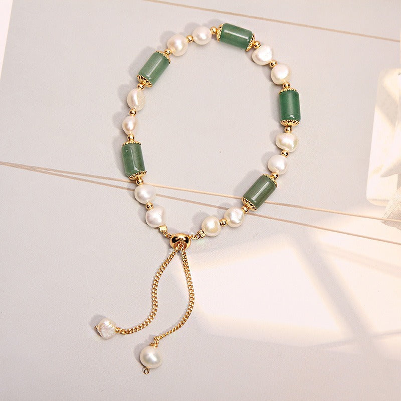 Natural Green Strawberry Quartz & Pearl Adjustable Slide Bracelet