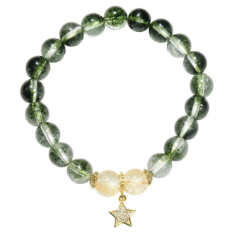 White Crackle Quartz, Green Phantom & Golden Rutilated Quartz “Emerald Forest” Star Bracelet