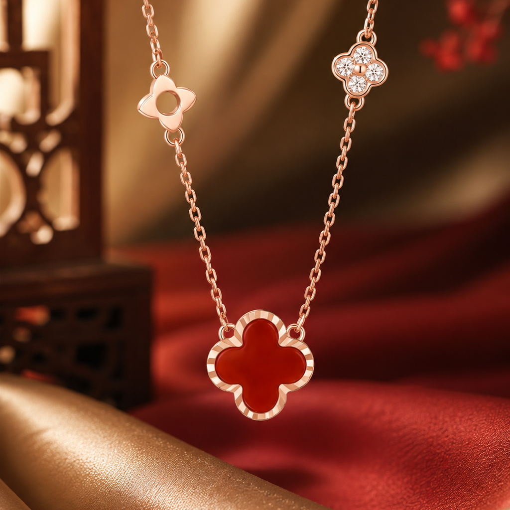 Red Agate Four-Leaf Clover Lucky Necklace in S999 Fine Silver