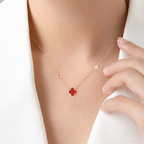 Red Agate Four-Leaf Clover Lucky Necklace in S999 Fine Silver