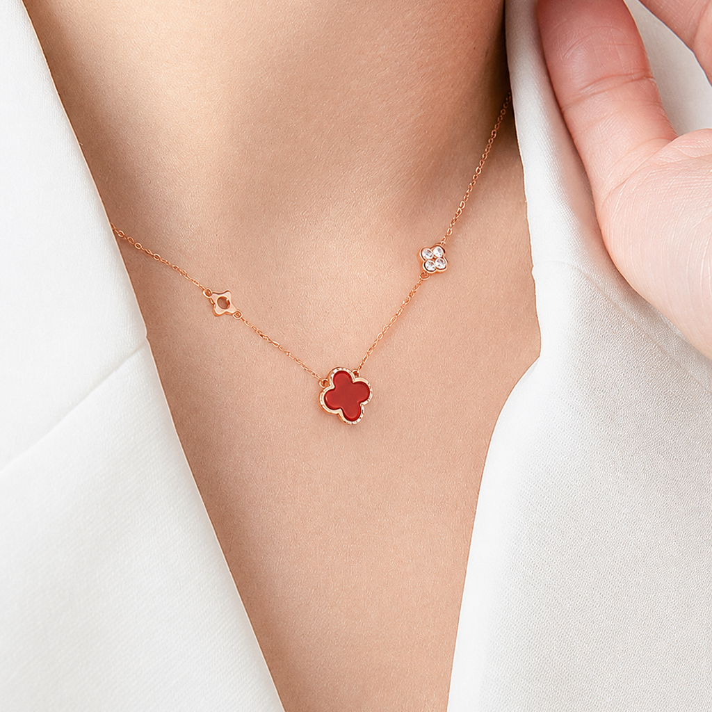 Red Agate Four-Leaf Clover Lucky Necklace in S999 Fine Silver