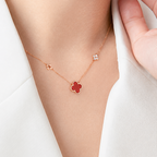 Red Agate Four-Leaf Clover Lucky Necklace in S999 Fine Silver
