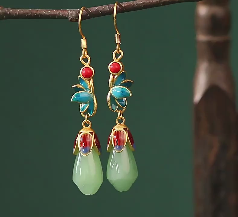 Magnolia Flower Jade Water Drop Prosperity Dangle Earrings