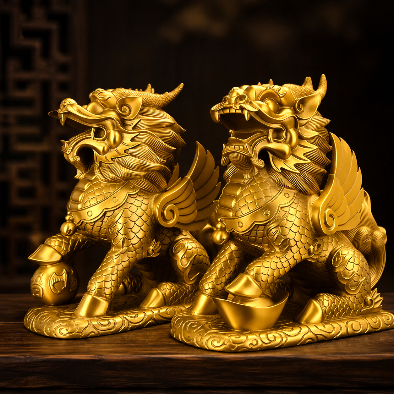 Copper-Alloy Qilin Pair Display Ornament – Prosperity, Protection & Harmony