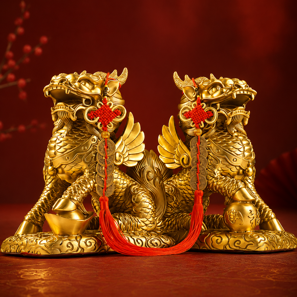 Copper-Alloy Qilin Pair Display Ornament – Prosperity, Protection & Harmony