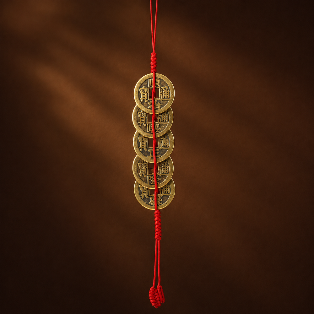 Brass Five Emperors Coins Feng Shui Hanging Charm – Protection, Prosperity & Stability