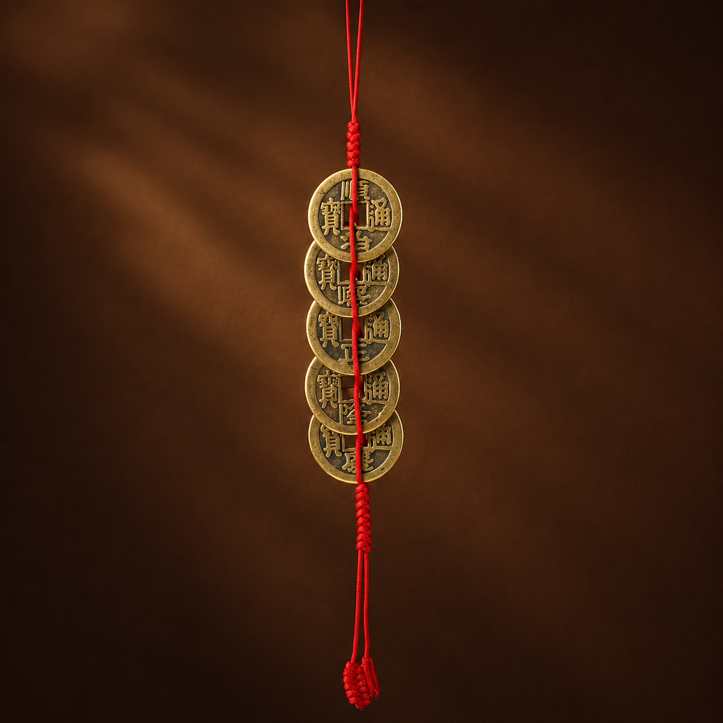 Brass Five Emperors Coins Feng Shui Hanging Charm – Protection, Prosperity & Stability