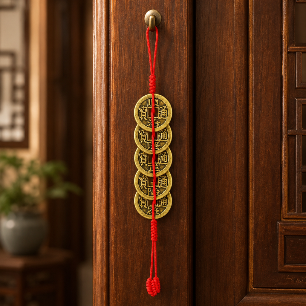 Brass Five Emperors Coins Feng Shui Hanging Charm – Protection, Prosperity & Stability